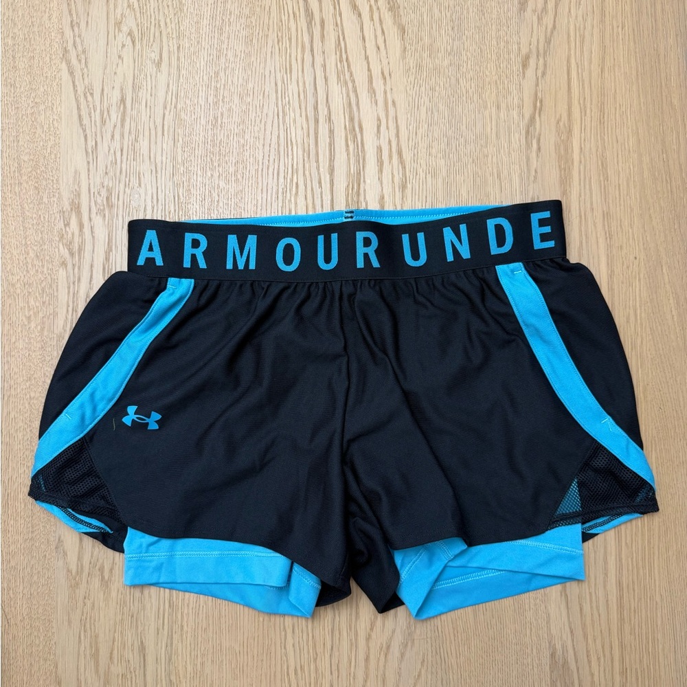 NWT- Under Armour Women's Play Up 2 in 1 Athletic Shorts in Black and Blue